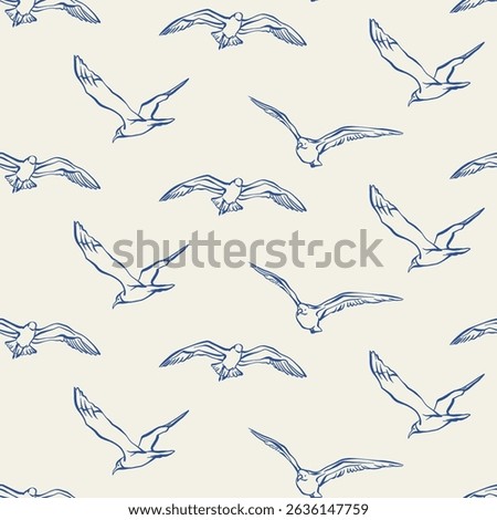 Seagulls seamless pattern. Flock of flying birds seamless pattern on a light background. Hand drawn blue line art vector illustration for fabric, wrapping paper, packaging, nautical design, wallpaper.