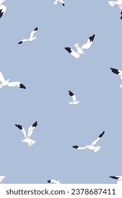 Gaviotas, patrón sin fisuras. Aves voladoras, diseño de fondo interminable, impresión repetida. Las gaviotas de mar vuelan, se elevan en el cielo azul. Ilustración vectorial plana imprimible para textiles, tejidos, papel pintado, envoltura