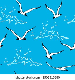 Seagulls. Seamless pattern with hand drawn birds and waves. Repeating texture, print for fabric, textile. Marine background with a linear drawings.