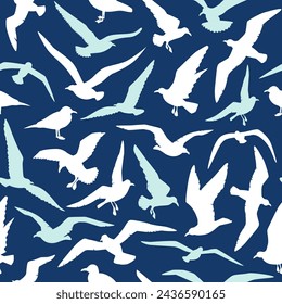 Seagulls seamless pattern nautical repeat design. White sea gull silhouettes on navy blue background. Marine summer repeat design coastal life print - seagull birds random flight vector illustration.