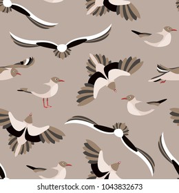 The seagulls. Seamless pattern with sea birds in the style of flat. Vector illustration.