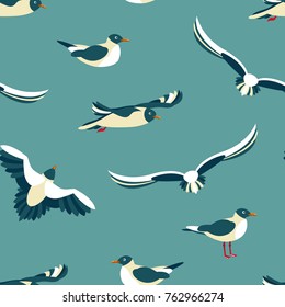 The seagulls. Seamless pattern with sea birds in the style of flat. Vector illustration.