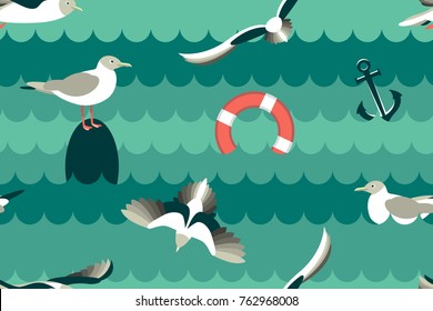 The seagulls. Seamless pattern with sea birds in the style of flat. Vector illustration.