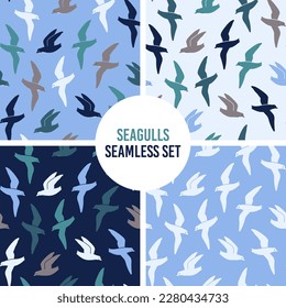 Seagulls seamless pattern set with marine birds flying. Nice blue palette prints collection for textile. Calm atmosphere. Minimalism simple art print design with sea birds.