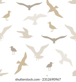 Seagulls seamless pattern. Vector background with silhouettes of sea birds in different poses.