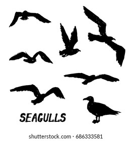 Seagulls - Set of 7 grunge hand-drawn birds 2