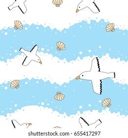 Seagulls with shells and sea waves seamless pattern vector.