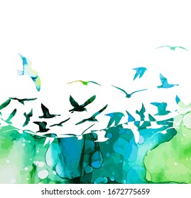 Seagulls silhouette in the sea. Abstraction. Mixed media. Vector illustration