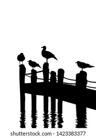 Seagulls silhouettes standing on a pier, vector