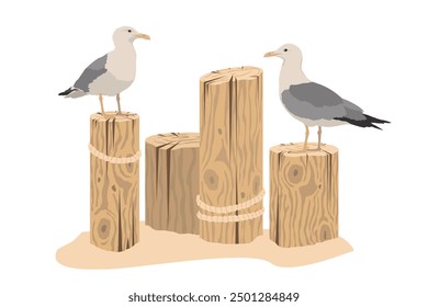 Seagulls are sitting on wooden poles at the pier. A sea scene with resting seagulls on poles. Illustrated vector clipart.