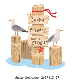 Seagulls sitting on wooden poles with a beach pointer. The beach signboard Every summer has a story. Illustrated vector clipart. Hand draw no ai.
