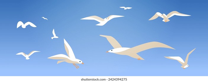 seagulls soaring in blue sky birds flying high in clear sky big oceangull pack summer vacation travelling concept horizontal