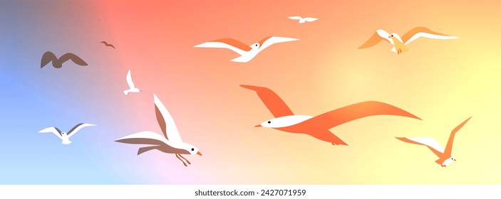 seagulls soaring in blue sky birds flying high in clear sky big oceangull pack summer vacation travelling concept horizontal