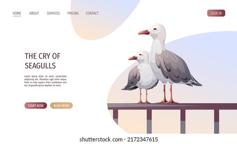 Seagulls standing on the handrails. Maritime, sea coast, marine life, nautical concept. Vector illustration. Website, banner template.