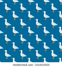 Seagulls standing seamless pattern. Background of sea birds. Repeated texture in doodle style for fabric, wrapping paper, wallpaper, tissue. Vector illustration.
