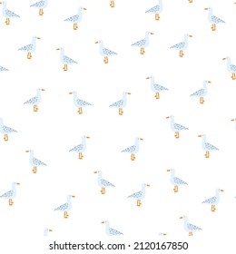 Seagulls standing seamless pattern. Background of sea birds. Repeated texture in doodle style for fabric, wrapping paper, wallpaper, tissue. Vector illustration.