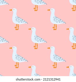 Seagulls standing seamless pattern. Background of sea birds. Repeated texture in doodle style for fabric, wrapping paper, wallpaper, tissue. Vector illustration.