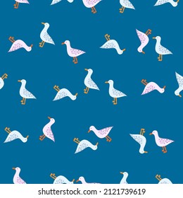Seagulls standing seamless pattern. Background of sea birds. Repeated texture in doodle style for fabric, wrapping paper, wallpaper, tissue. Vector illustration.