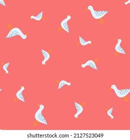 Seagulls standing seamless pattern. Background of sea birds. Repeated texture in doodle style for fabric, wrapping paper, wallpaper, tissue. Vector illustration.