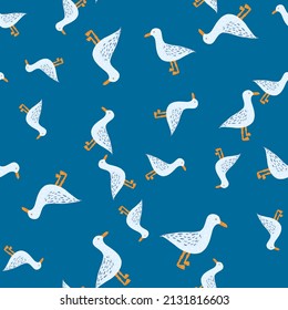 Seagulls standing seamless pattern. Background of sea birds. Repeated texture in doodle style for fabric, wrapping paper, wallpaper, tissue. Vector illustration.