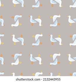 Seagulls standing seamless pattern. Background of sea birds. Repeated texture in doodle style for fabric, wrapping paper, wallpaper, tissue. Vector illustration.