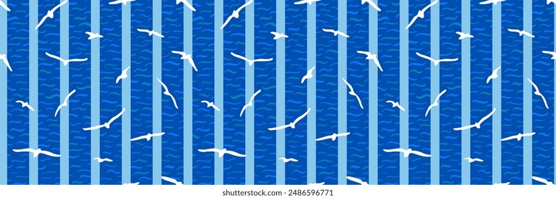 Seagulls, stripes and water waves abstract seamless pattern. Blue costal summer vacation background banner