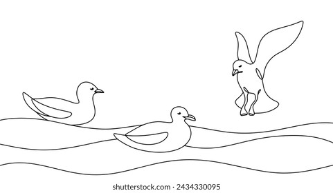 Seagulls swimming in the water. A waterfowl that hunts fish and plankton. Vector illustration. Images produced without the use of any form of AI software at any stage.