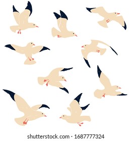 Seagulls vector illustration.  Cute hand drawn cartoon seagull set isolated on white background