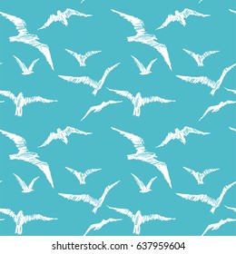 Seagulls. Vector seamless pattern with birds in the sky. Hand drawn illustration with white gulls isolated on blue background