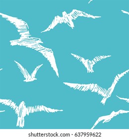 Seagulls. Vector seamless pattern with birds in the sky. Hand drawn illustration with white gulls isolated on blue background