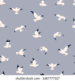 Seagulls vector seamless pattern.  Cute hand drawn pattern for kids on blue background. Cartoon childish seagull for wrapping paper, fabric, textile, wallpaper, home decor