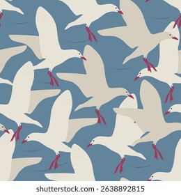 Seagulls vector seamless pattern on blue background. Sea wild birds wallpaper design. Wallpaper retro design, perfect for textile, paper, scrapbooking