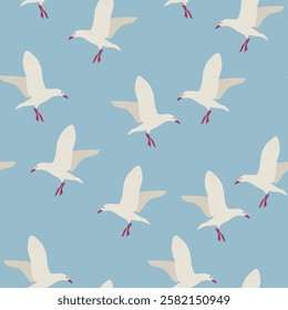 Seagulls vector seamless pattern. Sea birds wallpaper design. Cute fisherman aesthetic.
