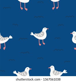 Seagulls and waves seamless vector pattern. Birds hand drawing doodle print on blue background
