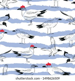 seagulls waves vector seamless pattern. Concept for print, web design, cards, textile