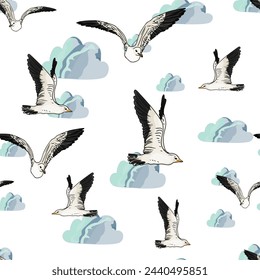Seagulls and white clouds seamless pattern. . Vector illustration realistic image. Travel and vacation concept. Seamless seagull pattern. Flying sea birds and doodle clouds vector background