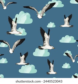 Gaviotas y nubes blancas sin patrón. No. Ilustración vectorial imagen realista. Concepto de viaje y vacaciones. Patrón de gaviota sin costuras. Pájaros de mar voladores y nubes de garabatos vector de fondo