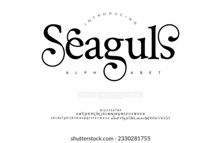 Seaguls elegant luxury abstract wedding fashion logo font alphabet. Minimal classic urban fonts for logo, brand etc. Typography typeface uppercase lowercase and number. vector illustration