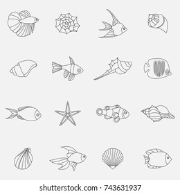 Seahells and fish in vector isolated on white