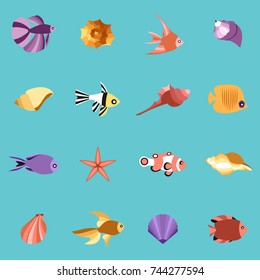Seahells and fish in vector isolated on blue