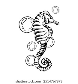 Seahorse with air bubbles black and white vector illustration. Hand drawn tropical underwater animal from oceans and seas. Hippocampus fish monochrome ink sketch for marine nautical prints