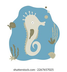 Seahorse among algae and shells. Underwater life of the sea and ocean.