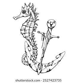 Seahorse with anchor, Marine life, sea ocean underwater creatures animal, Ink and pen sketch hand drawn. Composition illustration, stylized, isolated on white. Zoo shop, aquarium, cosmetics, resort