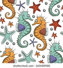 Seahorse animal seamless pattern with starfish and bubbles. Vector ocean summer art in hand drawn cartoon doodle style. Sea horse marine kid illustration on a white background.