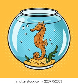 seahorse in aquarium pinup pop art retro vector illustration. Comic book style imitation.