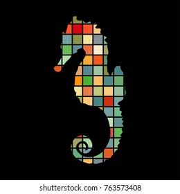 Seahorse aquatic mosaic color silhouette animal background black. Vector Illustrator