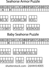 Armadura do cavalo marinho Puzzle e bebê Puzzle do cavalo marinho Vetor de grades alfabéticas