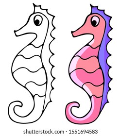 Seahorse art flat, doodle for kids and design. Coloring and color.