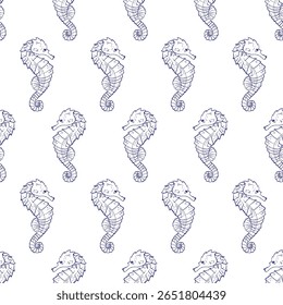 Seahorse artwork with tropical and coastal motifs. Combines underwater textures and nautical design in a vibrant hand-drawn composition.