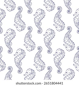 Seahorse artwork with tropical and coastal motifs. Combines underwater textures and nautical design in a vibrant hand-drawn composition.